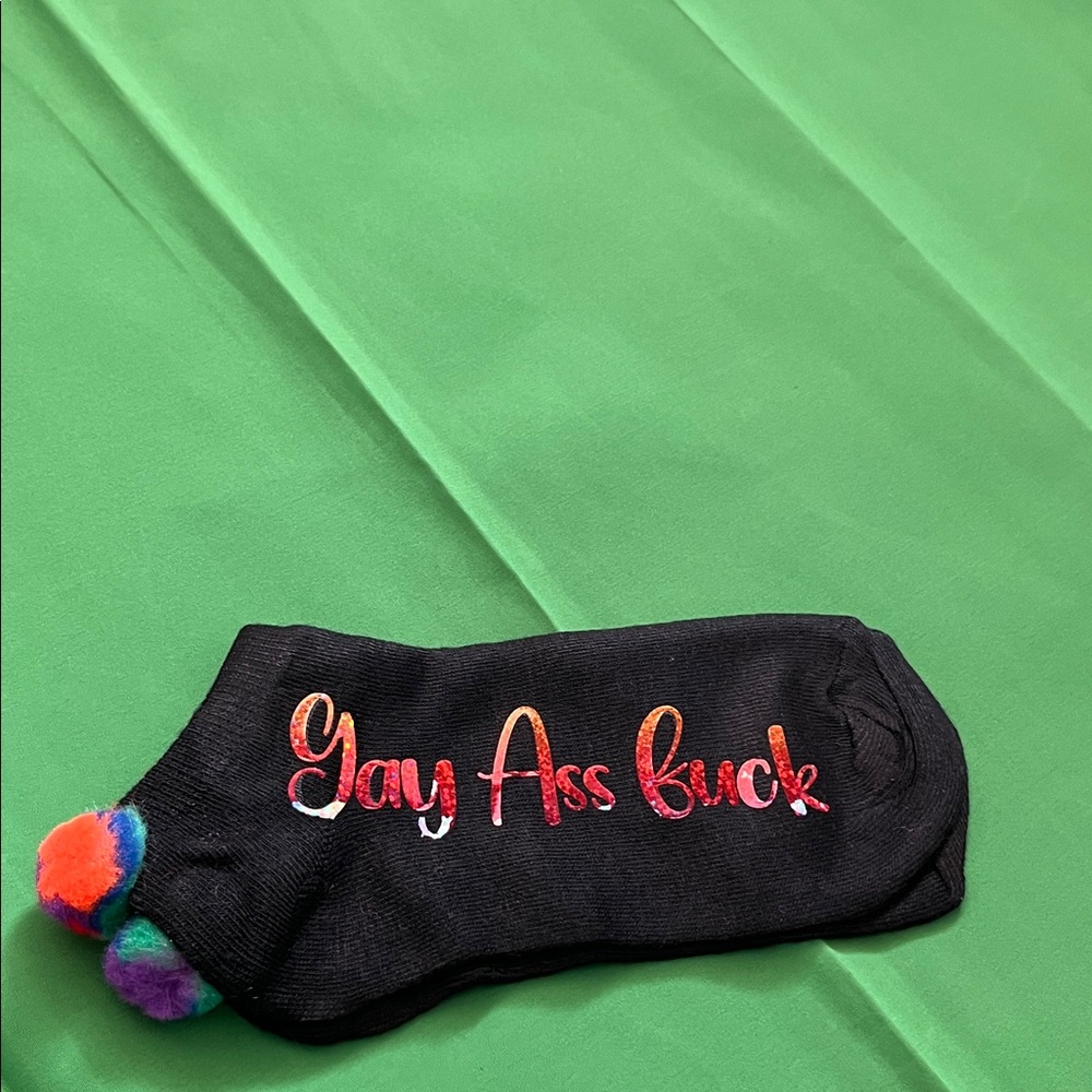 Black Custom Ankle Socks with Rainbow Pom Poms